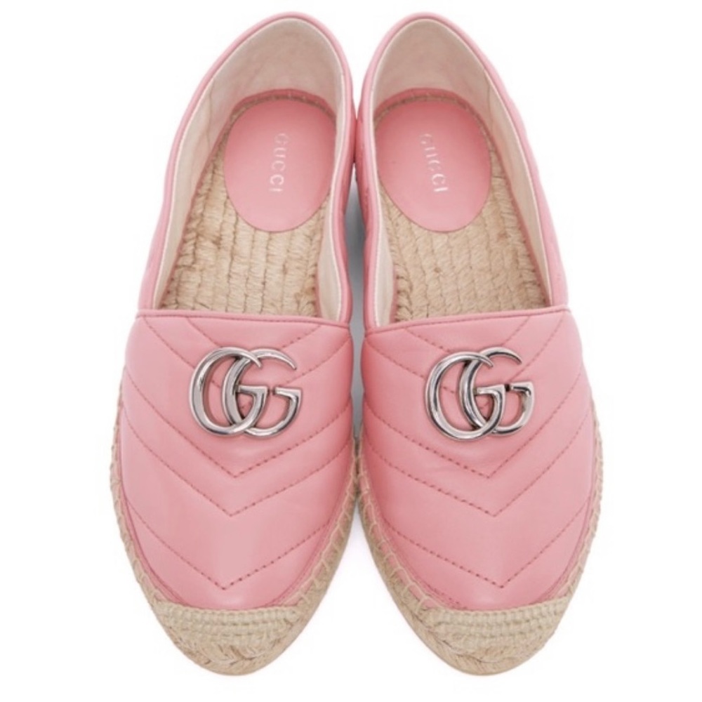 New Gucci Gg marmont double G Pink leather Quilted Charlotte Espadrilles…